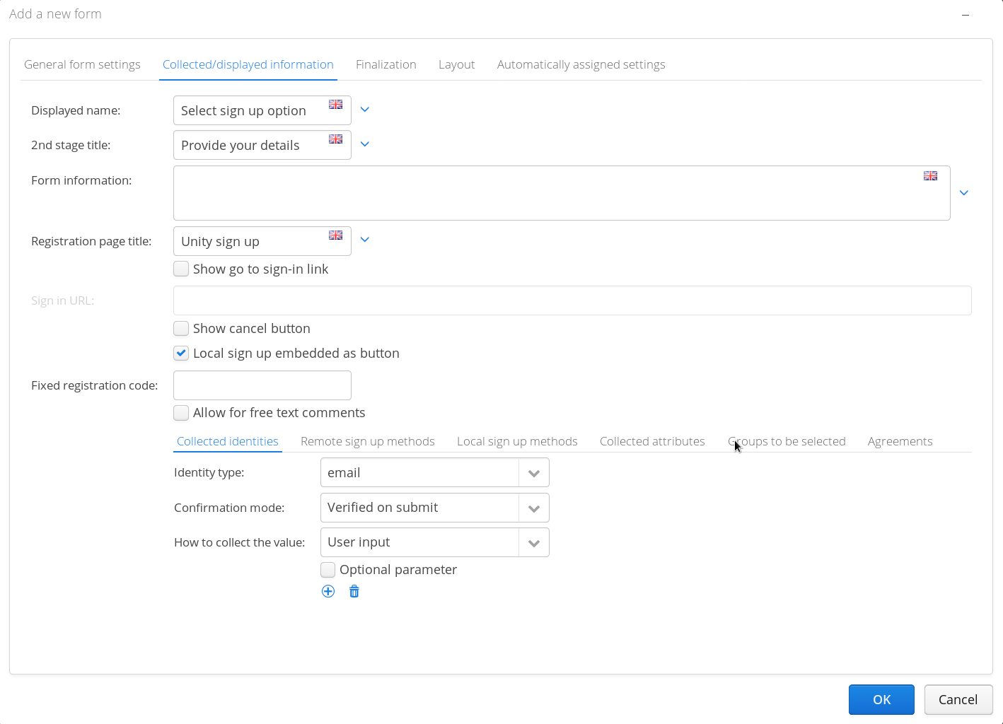 Definition of registration form in Unity